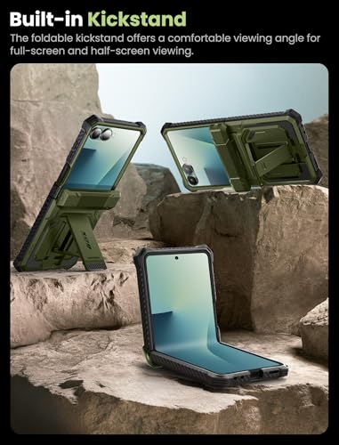 i-Blason for Samsung Galaxy Z Flip 7 Case with Stand & Belt-Clip, Green | Built-in Screen Protector, Hinge Protection, Belt-Clip, KickStand, Full-Body Protection, Military - color: Guldan