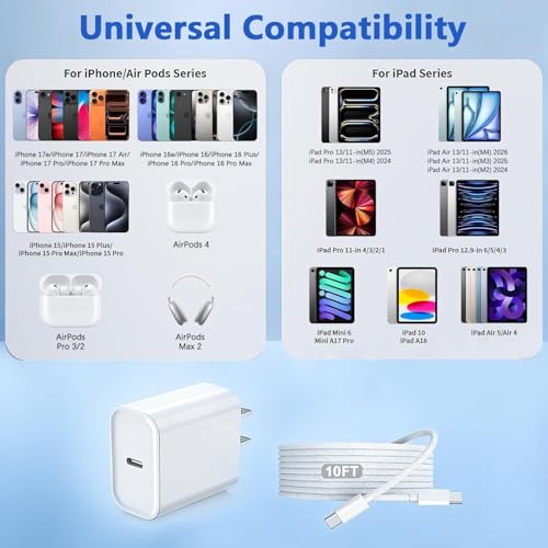 iPhone 17 16 Charger,USB C Wall Charger Block Chargers Fast Charging with 10FT USBC to C Woven Cable for iPhone 17e/17/17 Pro/17 Pro Max/17 Air/iPhone 16/16 Plus/16 Pro Max/16e/15/15Pro,iPad Pro - size: 1PACK 10FT