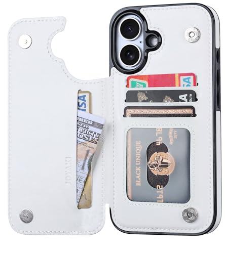 Wallet Case Compatible with iPhone 16 Plus 6.7”, Slim Protective Case with Card Holder,Premium PU Leather Kickstand Card Slots Case with Double Magnetic Clasp-White - color: White, size: iphone 16 Plus 6.7"
