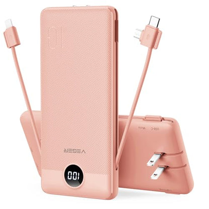 VEGER Portable Charger for iPhone, Power Bank Built in Cables and Wall Plug - color: F Dark Pink