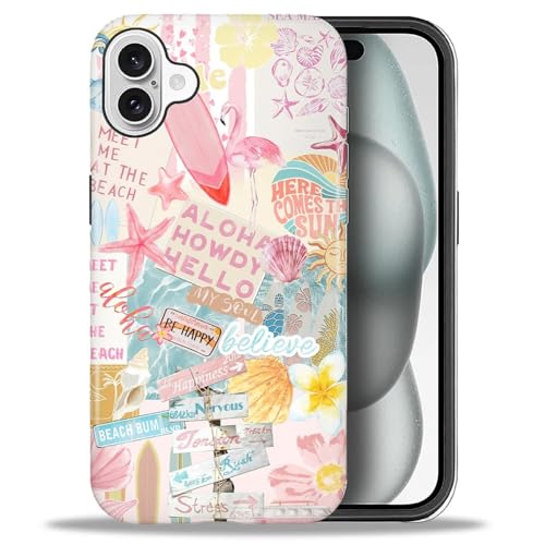Case Compatible with iPhone 16 Plus, Cute Dual Layer Hybrid Phone Cover, Military Grade Drop Protection, Aesthetic Shockproof Phone Case for Women Girls, Pastel Pink Summer Collage - color: Pastel Pink Summer Collage, size: Iphone 16 Plus