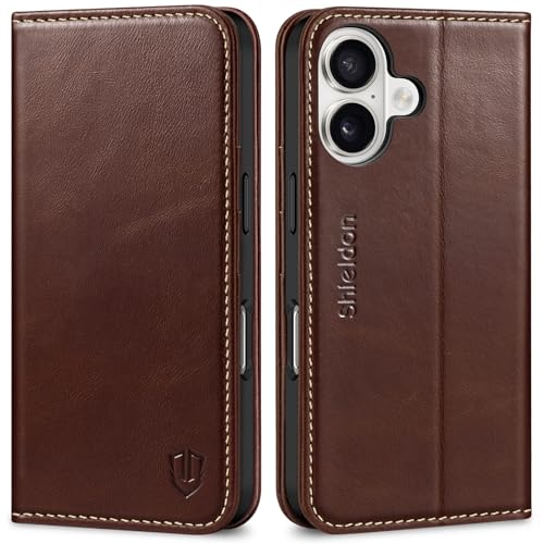 SHIELDON Genuine Leather Flip Wallet Case for iPhone 16 6.1", Retro Coffee | RFID Blocking, Credit Card Holder, Magnetic Closure, Kickstand, Folio Design, Soft Shock-Absorbent Phone Cover - color: Retro Coffee