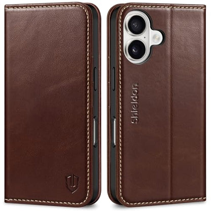 SHIELDON Genuine Leather Flip Wallet Case for iPhone 16 6.1", Retro Coffee | RFID Blocking, Credit Card Holder, Magnetic Closure, Kickstand, Folio Design, Soft Shock-Absorbent Phone Cover - color: Retro Coffee