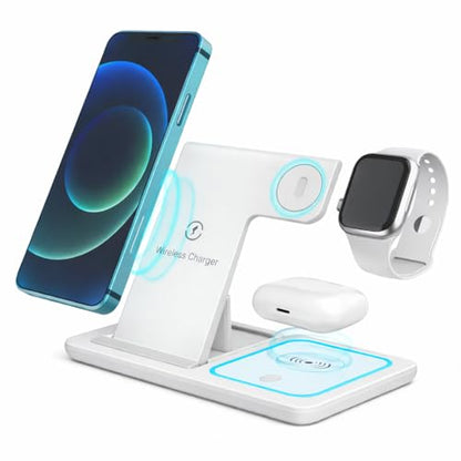 Fast Charging Wireless Charger Station 3 in 1 Multiple Devices Dock 15W Compatible with Any Devices with Wireless Charging Capability Phone, Watch and Earbuds. (White)