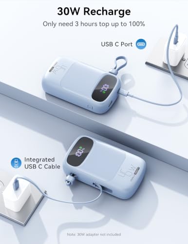 RETMSR Portable Charger 20000mAh 45W USB C Fast Charging, Built-in Cable - color: Sky Blue