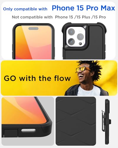 AICase Clip Holster Case Compatible with iPhone 15 Pro Max with Glass Screen Protector+Camera Lens,Heavy Duty Drop Protection Full Body Rugged Shockproof Military Protective Tough Durable Cover 6.7" - color: Black+Belt+Glass Protector/Camera Lens
