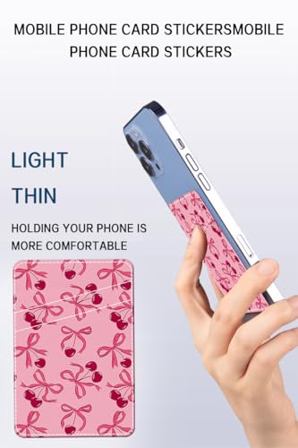 Phone Card Holder Leather, Dual Pocket Phone Wallet Adhesive Stick On, Cute Phone Case Credit Card Holder, Suitable for Most of Phones Pink Cherry Bow