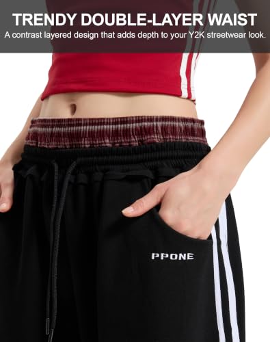 Women's Baggy Barrel Sweatpants, Double Waist Striped Wide Leg Pants - color: Black, size: Large