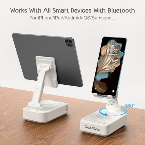 TechGlow Gifts for Men Women Foldable Cellphone Stand with Bluetooth Speaker Charging Function 360° Rotatable Phone Stand Birthday Gift Idea for Mom Dad Cool Tech Gifts-White - color: White