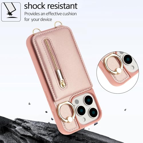 Crossbody Wallet Case for iPhone 12 Pro Max, with Card Slots Zipper Pocket Case, Flip Folio Purse RFID Blocking with Ring Kickstand Detachable Strap-Pink - color: Pink, size: iPhone 12 Pro Max(6.7")
