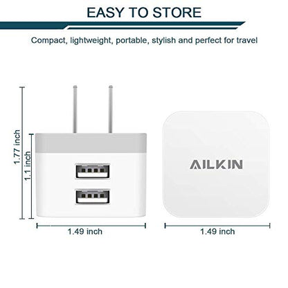 2Pack USB Wall Charger Plug, AILKIN 2.4A Dual Port USB Adapter Power Cube - color: White, style: 2Pack USB Wall Chargers