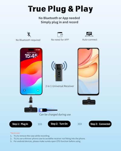 Wireless Lavalier Microphone for iPhone Android, Plug-Play Lapel