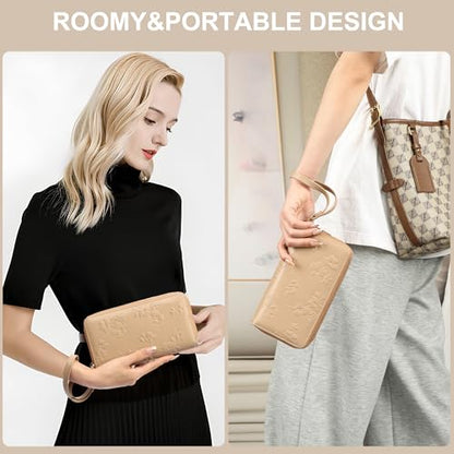 yiijay Womens Wallet RFID Blocking Large Capacity Vegan Leather Double Zip Wristlet Wallet Card Holder Travel Ladies Clutch - color: Khaki