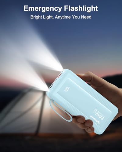 Portable Charger with Built-in Cables, 27000mAh Slim 30W Fast Charging Power Bank with LED Display, USB C Battery Pack 6 Outputs & 2 Inputs, Travel Essential Charger for iPhone, Samsung, Google etc - color: Sky Blue