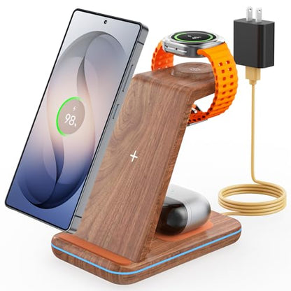 3 in 1 Wireless Charger for Samsung: JoyGeek Charging Station for S26/S25/S24/S23/S22/S21/S20/Note20/Z Fold&Flip Series, Galaxy Watch8/7/6/5/4/3/Active2/1, Buds 3 Pro, Not for Galaxy Watch9 / Ultra2 - color: Woodgrain