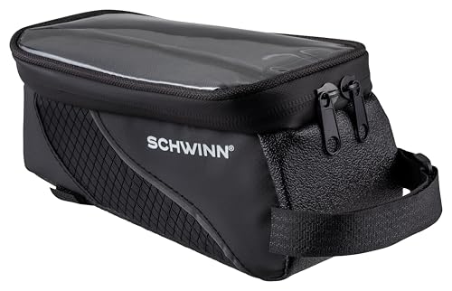Schwinn Top Tube Phone Bag for Bicycles, Black, Touch-Screen Compatible Smartphone Pocket, Easy Installation, Weatherproof Zip Pocket, Storage for Phone, Wallet, Keys and More, Bike Frame Mount Bag
