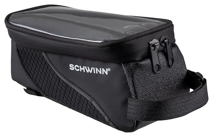 Schwinn Top Tube Phone Bag for Bicycles, Black, Touch-Screen Compatible Smartphone Pocket, Easy Installation, Weatherproof Zip Pocket, Storage for Phone, Wallet, Keys and More, Bike Frame Mount Bag