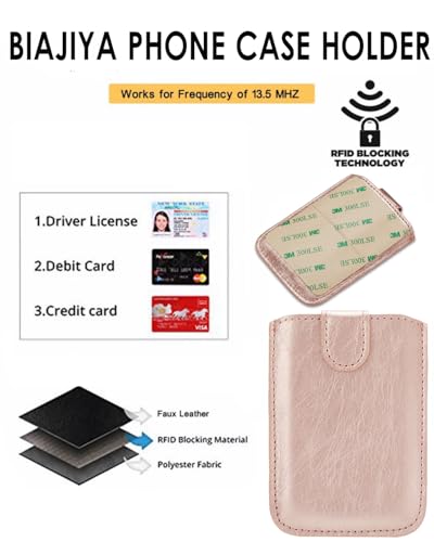 Phone Card Holder RFID Sleeve, PU Leather Stick-On Pull 5 Card Phone Wallet - color: Rose