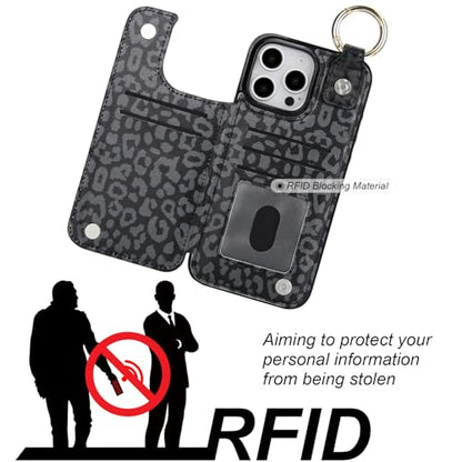 HAOPINSH for iPhone 16 Pro Max Wallet Case with Card Holder, Black Leopard Cheetah Print Back Flip Folio PU Leather Kickstand Card Slots Case, Finger Grip Ring Double Magnetic Clasp Shockproof 6.9" - color: Blue Florals Grip Ring