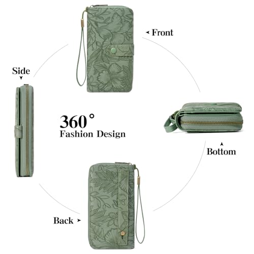 SENDEFN Women's Credit Card Holder RFID Blocking Zip Around Leather Wallet Large Capacity Long Purse with Wristlet - color: Green