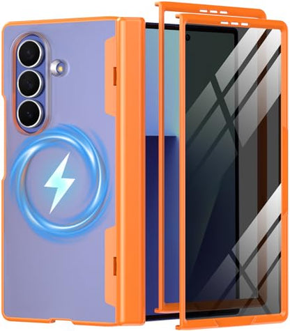 Magnetic Phone Case for Samsung Galaxy Z Fold 7, Fit for MagSafe | Full-body Case with 2 Pack Front Frame,Built-in Glass Screen Protector【Privacy & HD Clear】Shockproof Hinge Protective,Orange