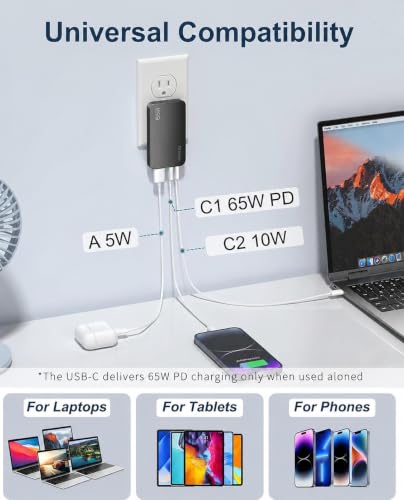 65W GaN Flat USB Wall Charger Block - 3 Port Foldable USB Charging Block - color: Gray