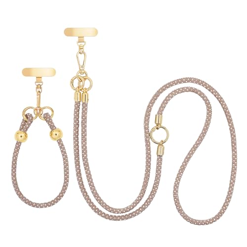 Crystal Phone Strap Crossbody and Wrist Lanyard, Anti Theft Layered & Wrist Strap Cell Phone Neck for Women - color: Light Brown a