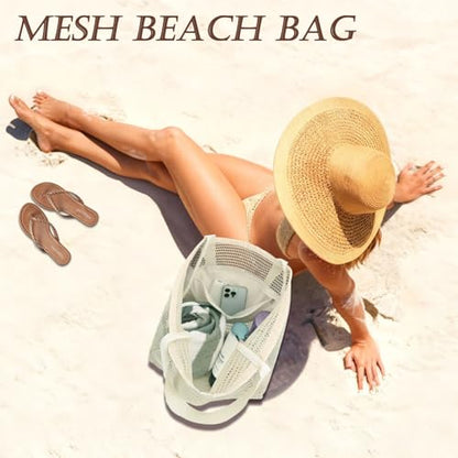 GYEUKHAM Mesh Beach Bag for Women, Sand-Resistant Pool Tote, 9 Pockets (1 Inner Zip), Foldable Family Travel Essentials - color: 2 Pockets-beige