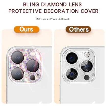 Bling Diamond Camera Lens Protector Compatible with iPhone 15 Pro ＆ iPhone 15 Pro Max, Metal Glitter Gem Camera Cover，9H Tempered Glass lens full Screen Sparkle Rhinestone Protector - size: iPhone 15 Pro ＆ iPhone 15 Pro Max