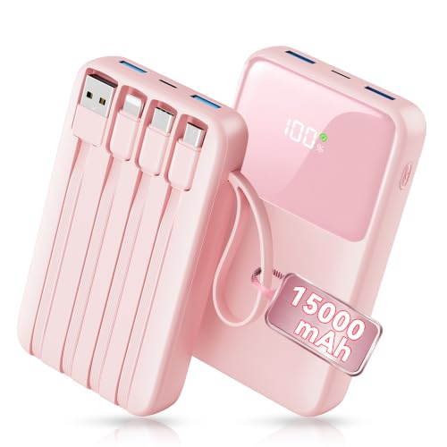 45% Smaller Portable Charger, 15000mAh Power Bank Built-in 4 Cables, Pink - color: Pink