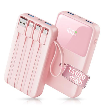 45% Smaller Portable Charger, 15000mAh Power Bank Built-in 4 Cables, Pink - color: Pink