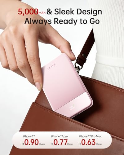 iWALK Magsafe Portable Charger 5,000mAh, Ultra-Slim Magnetic Wireless Power Bank with LED Display, PD 20W USB-C Fast Charging Battery Pack, Compatible with iPhone 17/17 Pro/16/15/14/13 Series, Pink - color: Pink
