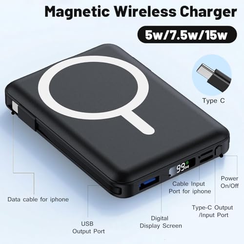 Azmuth for MagSafe Portable Charger, 10000mAh Magnetic Power Bank | 20W PD Fast Charging Magnetic Travel Charger with Dual USB-C LED Display for iPhone 17/16/15/14/13/12 Series - color: Black