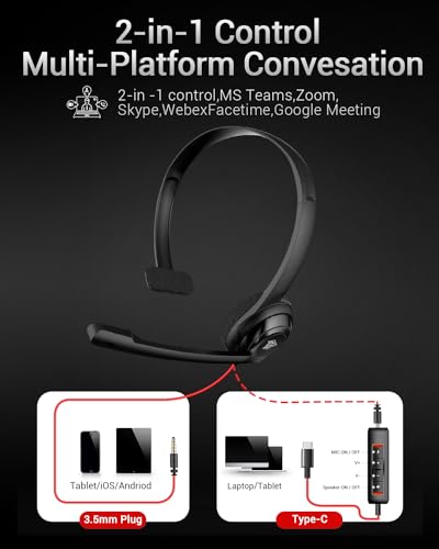 NUBWO HW02 USB C/3.5 Headset with Microphone, in-line Mute & Volume Control - color: Dark, size: 1 pack