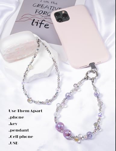 Handmade Beaded Charm Cell Phone Camera Lanyard, Wrist Strap with Tether Tab,Phone Chain String, Keychain Wallet Decor - style: 2-in-1 Starlight Purple.