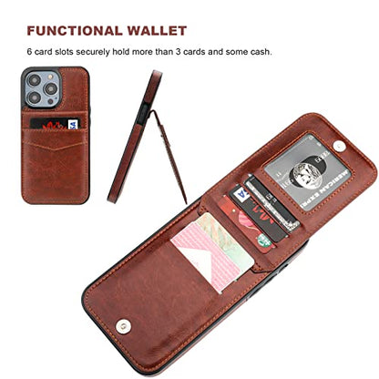 KIHUWEY for iPhone 14 Pro Max Wallet Case Card Holder Kickstand, Brown | Credit Card Slots, PU Leather, Magnetic Clasp, Flip Heavy Duty Protection Cover for Men and Women - color: Brown