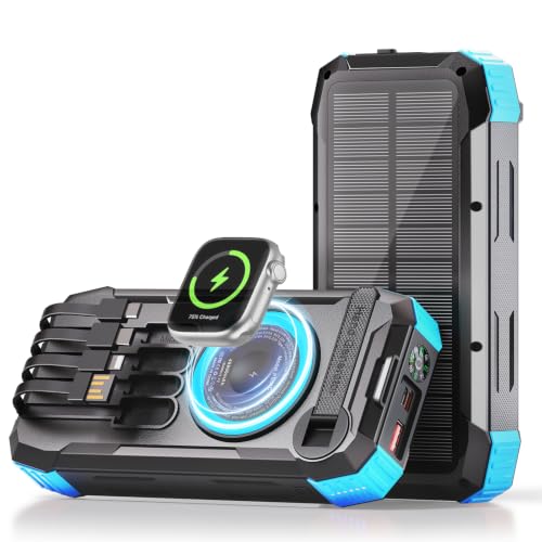 49800mAh Solar Power Bank with Hand Crank and 4 Cables, 3 in 1 Wireless Portable Charger with Camping Light & Compass, 25W Fast Charging USB C Battery for Camping Outdoor Emergency iPhone Android