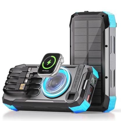 49800mAh Solar Power Bank with Hand Crank and 4 Cables, 3 in 1 Wireless Portable Charger with Camping Light & Compass, 25W Fast Charging USB C Battery for Camping Outdoor Emergency iPhone Android