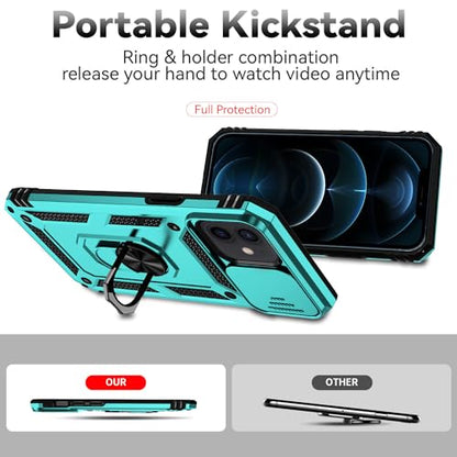 for iPhone 12 Mini Case with Camera Lens Cover HD Screen Protector, Dual Layer Military Grade Drop Protection Magnetic Ring Holder Kickstand Protective Phone Case for iPhone 12 Mini 5.4 inch (Mint) - color: Mint with camera cover Military-Grade 2nd gen