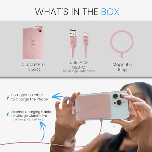 Clutch Pro – World's Thinnest Portable Charger – USB-C Power Bank 5000mAh – Magnetic Built-in Cable – TSA Approved Travel Charger – iPhone 15/16/17 & Android – Pink - color: Pink
