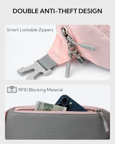 WATERFLY Small Fanny Pack RFID Blocking Travel Hiking Crossbody Waist Bag | Anti-theft design, Water resistant, Lockable zipper, Hidden rear pocket, Lightweight hip belt bag, EDC Running, Cycling, Gym - color: Pink
