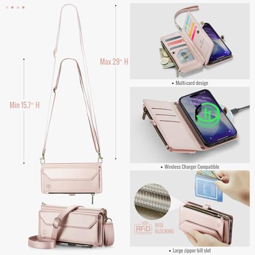 Strapurs for iPhone 17 Pro Max - Zipper Strap Wallet Case Women, Rose Gold | RFID Blocking 10-Card Holder, Shoulder Lanyard, Wirst Strap, Zipper Pocket, Magnetic Snap, Soft PU Leather, Phone Flip Cover - color: Rose Gold, size: iPhone 17 Pro Max - 6.9"