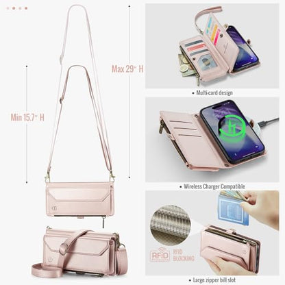 Strapurs for iPhone 17 Pro Max - Zipper Strap Wallet Case Women, Rose Gold | RFID Blocking 10-Card Holder, Shoulder Lanyard, Wirst Strap, Zipper Pocket, Magnetic Snap, Soft PU Leather, Phone Flip Cover - color: Rose Gold, size: iPhone 17 Pro Max - 6.9"