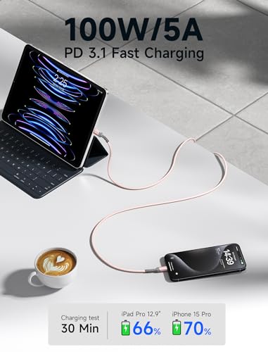 JSAUX 100W USB C to USB C Cable, 2-Pack 6.6FT, 5A Fast Charging, Pink - color: Pink, size: 6.6 ft+6.6 ft
