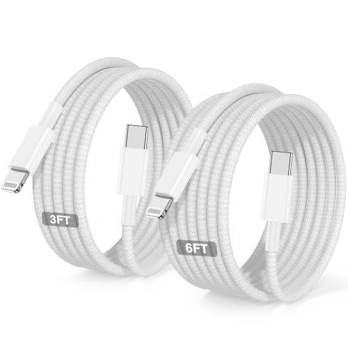 USB C to Lightning Cable Nylon Braided [Apple MFi Certified] - 2Pack 3/6FT - color: White, size: 3ft+6ft