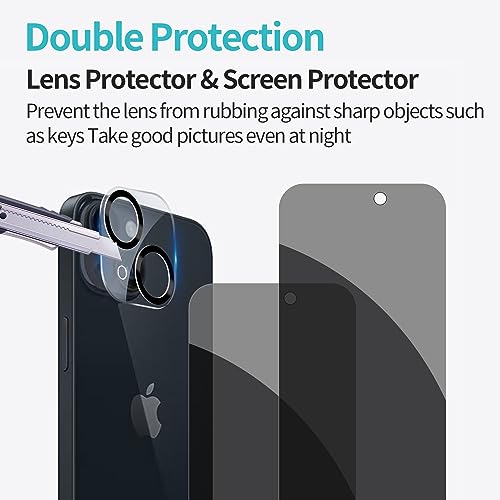 PEHAEL for iPhone 15 Privacy Screen Protector+Camera Lens Protector