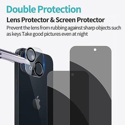 PEHAEL for iPhone 15 Privacy Screen Protector+Camera Lens Protector