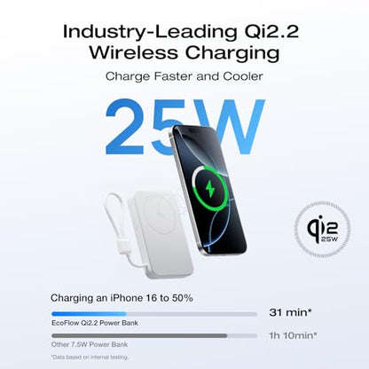EF ECOFLOW Rapid Mag Power Bank, Qi2.2 25W MagSafe-Compatible Portable Charger, 10,000mAh Magnetic Power Charger with Built-in USB-C Cable and Foldable Stand, for iPhone 17/16/15 - color: White