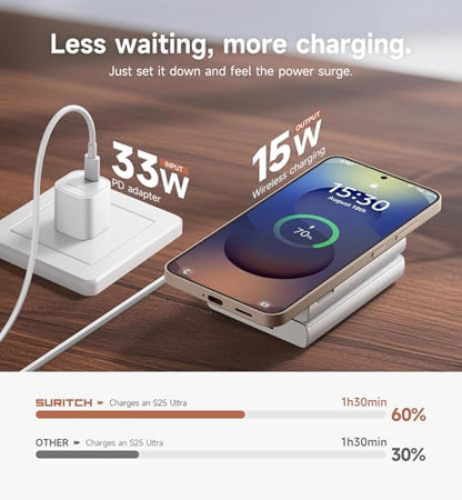 SURITCH for Samsung 3-in-1 Wireless Charging Station, Ultra-Portable Charging Dock Stand for Galaxy S26/S25/S24/S23/S22/S21/Note/Z Fold Flip, Galaxy Watch 8/7/6/5/4/3/Buds, White - color: White