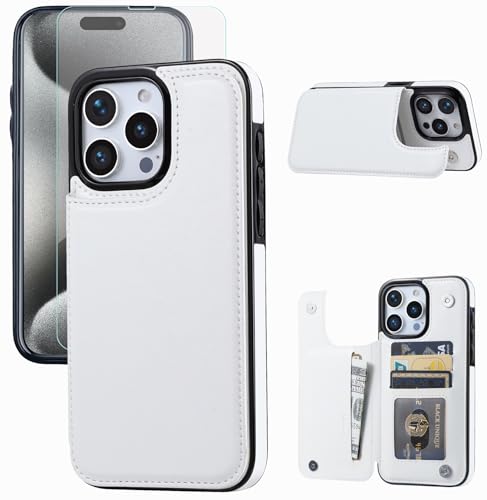 Wallet Case Compatible with iPhone 15 Pro Max(6.7"),Slim Protective case with Card Holder with 1 Screen Protective Glass,Premium PU Leather Kickstand Card Slots Case-White - color: White